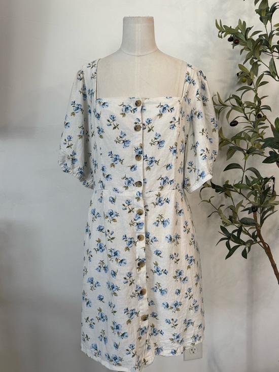 Old Navy Dresses & Skirts - Old Navy Blue Floral Linen Blend Mini Dress XL Cottagecore Puff Sleeve Dress